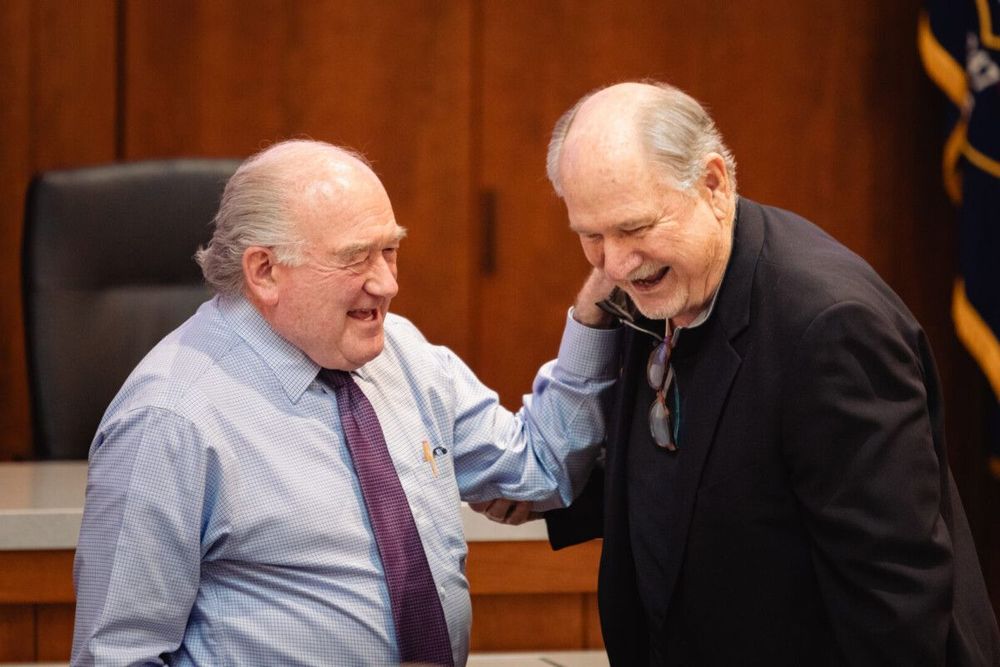 Professor J. Clifton Fleming Jr., the only still-serving member of the Law School’s original faculty, reminisces with Parkinson, his former student.