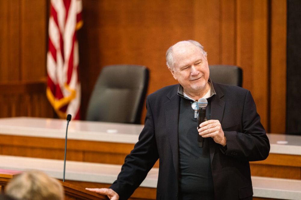 James W. Parkinson (BYU Law ’76) addresses students in the Law School’s Moot Courtroom on October 12, 2023.